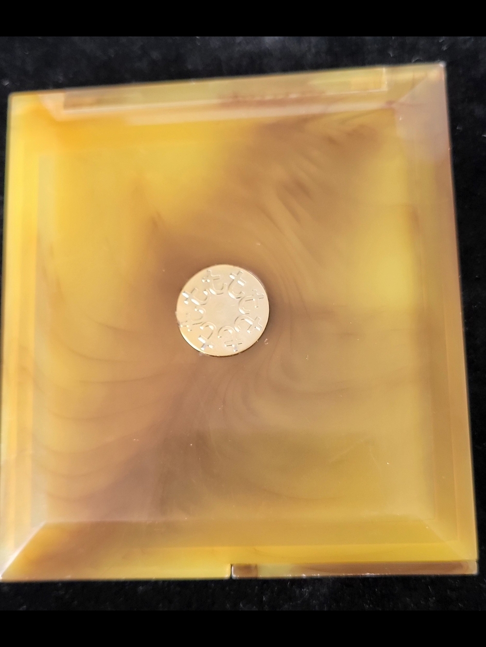 Vintage Square Amber Lucite Mirror  Compact with Decorative Medallion
